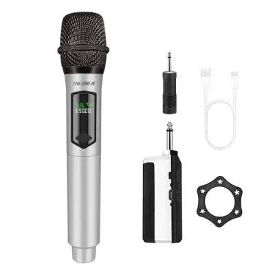 Immagine di Talomen Microfono Wireless,Microphone Portatile a 2.4 GHz,Microfoni karaoke professionale,Sistema di microfoni dinamici con Ricevitore Ricaricabile,kit 2 per Karaoke,Festa,Canto K601Argenteo
