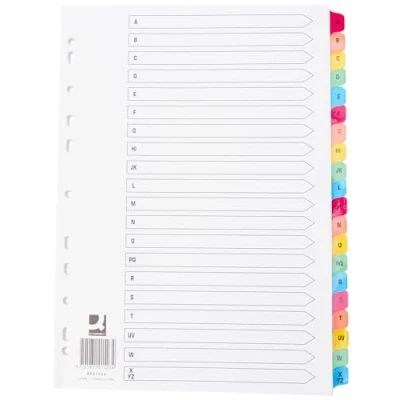 Immagine di Q CONNECT indice foratura A4 A Z, 20 fogli rinforzato multicolore prestampati Tabs KF01523 Confezione da 1