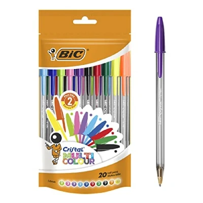 Immagine di BIC Penne Colorate a Sfera, Cristal Multicolour, Colori Assortiti, Punta Larga (1.6 mm), Confezione da 20 Cancelleria Scuola