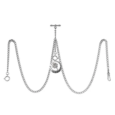 Immagine di TREEWETO Orologio da taschino uomo con doppia catena Albert a maglia barbazzale, 3 ganci ciondolo forma di quadrifoglio portafortuna antico, design T, Argento, Antico