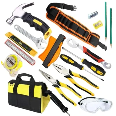 Immagine di QeeHeng Kit di attrezzi per bambini , un totale 18 pezzi, comprese borse attrezzi, martelli, occhiali sicurezza bambini, strumenti fai da te, reali ragazzi e ragazze
