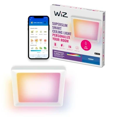 Immagine di WiZ Smart Ceiling Panel Light Design sottile e squadrato, dimensioni multiple, controllo vocale/app, programmazione, Google Home, Amazon Alexa Apple HomeKit, illuminazione interna, nero/bianco