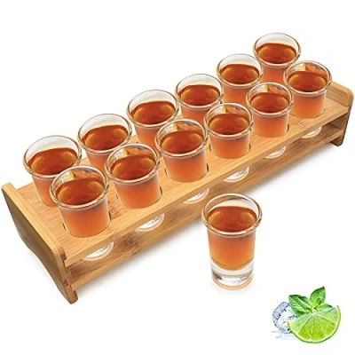 Immagine di Set di bicchierini da shot, supporto per cocktail e bicchiere, organizer bevande con 12 fori vetro trasparente 30 ml, liquori, whisky, brandy, vodka, rum a casa