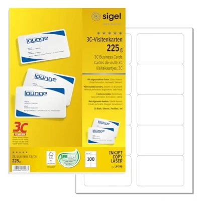 Immagine di SIGEL Biglietti da visita 3C, a getto d&#039;inchiostro, laser, fotocopiatrici, 225 g/m², 85 x 55 mm, colore bianco, bordo liscio (100 pezzi), confezione 100 pezzi