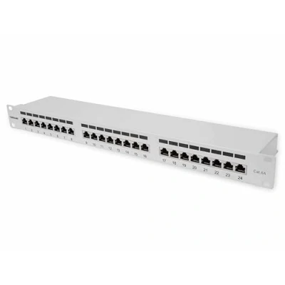 Immagine di Intellinet 24 Port Cat6a Patchpanel geschirmt 1HE Kabeleinführung 90 abgewinkelt grau Porte Patch panel 483 mm (19) 1 U Grigio (RAL 7035)