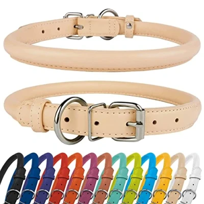 Immagine di CollarDirect collare per cani arrotolato in pelle, morbido rotondo imbottito cuccioli, fatto a mano vera pelle piccoli collari (6 7 pollici, strutturato beige)