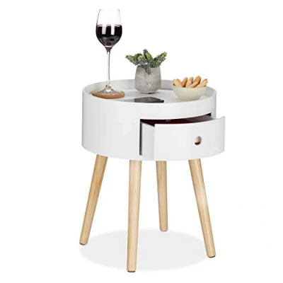Immagine di Relaxdays Tavolino Rotondo, con Cassetto, Gambe in Legno, Design Scandinavo, Camera da Letto, HxD 46x38, Bianco Naturale, Pannelli MDF, 1 pz