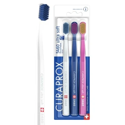 Immagine di Curaprox Set di spazzolini da denti CS 5460 3 pezzi Ultra Soft Spazzolino manuale per adulti con setole super morbide verde, azzurro, rosso