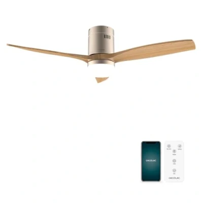 Immagine di Cecotec Ventilatori da Soffitto EnergySilence Aero 5600 Aqua GoldWhiteWood Connected 40 W, LED 18 Diametro 132 cm, Wi Fi, Telecomando, Protezione IP44, Timer 8 Ore, 3 Pale, 6 Velocità