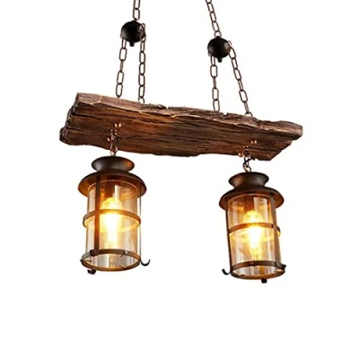 Immagine di AHQX Retro lampada a sospensione in legno Lampadario vintage industriale Illuminazione interna Paralume ferro e vetro Altezza regolabile per sala da pranzo Bar Apparecchio