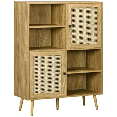 Immagine di HOMCOM Credenza Armadio alto su piedistallo in legno e cannage con 2 ante 4 scatole dim. 90L x 32,5L 120H cm
