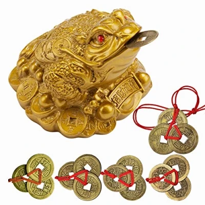 Immagine di YODOOLTLY monete portafortuna a forma di rana Feng Shui e 5 set cinesi Shui, della fortuna con cordino rosso, ciondolo cinese per prosperità, decorazione la casa, regalo