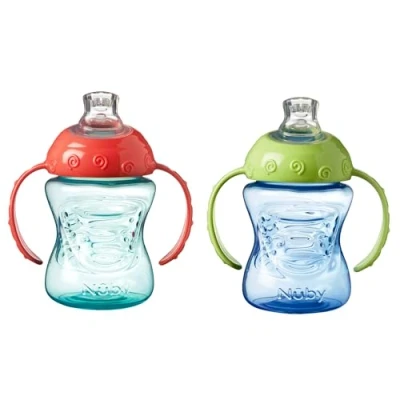 Immagine di Nuby Grip N Sip, tazza da allenamento con manico, beccuccio morbido e a prova di schizzi, 240 ml, adatta partire dai 4 mesi (confezione 2, blu/verde)