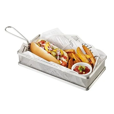 Immagine di cestino per friggere in acciaio inossidabile, miniatura patatine, anelli di cipolla, ecc., snack, nachos, pop corn 26 x 13 cm, h: 5 manico: 9,5 inossidabile