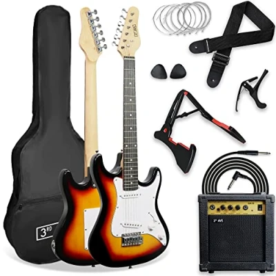 Immagine di 3rd Avenue Chitarra Elettrica 3/4 Scala XF Kit Definitivo Per Con Amplificatore Da 10 W, Cavo, Supporto, Custodia Protettiva, Tracolla, Corde Di Ricambio, Plettri, Capotasto Sunburst