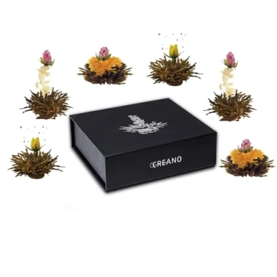 Immagine di Creano 6x Fiori di Tè nero &quot;Tèlini&quot; in elegante Scatola magnetica con Goffratura argento
