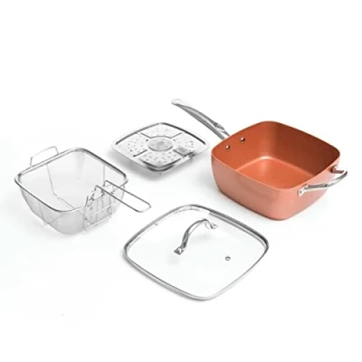 Immagine di InnovaGoods® Padella antiaderente 24 cm multifunzione 5 in 1 Copper Coppans, x4 accessori inclusi, materiale alluminio, colore rame/argento, adatta a tutti i tipi di cucine. Privo PFOA