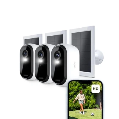 Immagine di Arlo Essential 2 Telecamera WiFi Esterno Senza Fili + Pannello Solare (3), HD, Interno, Sirena Allarme Casa, Sensore Di Movimento, Prova Inclusa Secure, 3 Telecamere, Bianche