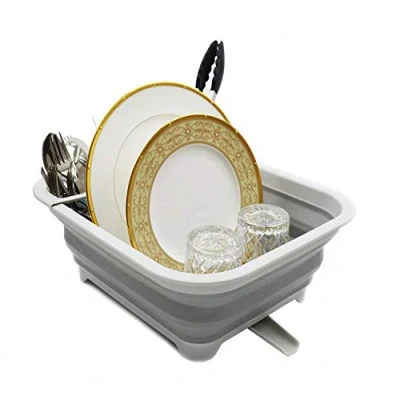 Immagine di SAMMART Scolapiatti pieghevole da 8,5 litri con beccuccio girevole, stendibiancheria pieghevole, organizer portatile per stoviglie, vassoio salvaspazio cucina (1, grigio)