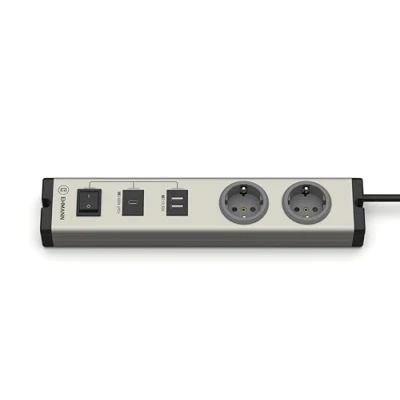 Immagine di EHMANN Multiplo USB C/A 0601x0o022031 C 65W + A, 2 prese con contatto di protezione tipo F, interruttore, elegante alloggiamento in alluminio, possibilità fissaggio, cavo