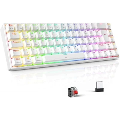 Immagine di TECURS Tastiera da gioco meccanica senza fili RGB Gamer illuminata 65% TKL ricaricabile Bluetooth / 2.4G con cavo, 68 tasti, interruttore rosso QWERTZ per PC Windows/Mac/PS4, bianco