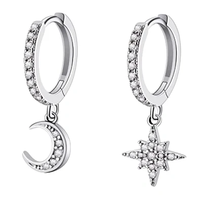 Immagine di Bo Win Orecchini Argento 925 a Cerchio con Pendente Piccoli Stella e Luna 3A Zirconi Donna in Pendenti per Ragazza