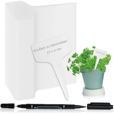 Immagine di com four® 100x Etichette per Piante con Pennarello a Doppia Punta da Giardino 10 cm Interno, Balcone e Perfette Semina, vasi fioriere