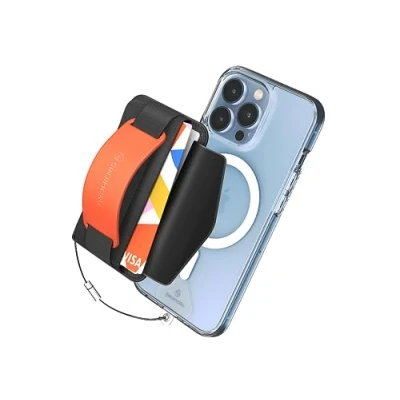 Immagine di [2022 Updated] Sinjimoru iPhone 14 Magnetic Phone Wallet for MagSafe, Card Holder with Cell Kickstand &amp; Grip Strap 12 13 Series. M BGrip Clementine
