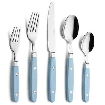 Immagine di Annova, set di posate in acciaio inox con manico colorato rivetto/posate stile retrò (Light Blue, 20 Pieces)