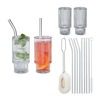Immagine di Relaxdays Bicchieri da Cocktail e Long Drink con Cannucce, 325 ml, Set 4 Calici in Vetro, Gin Tonic, Mojito, Trasparenti, 14 x 6,5 cm