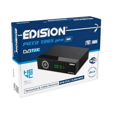 Immagine di EDISION PICCO T265 pro HD Modello 2024 Decoder Digitale Terrestre Full DVBT2 H265 HEVC 10 Bit Bonus TV, FTA, USB, HDMI, SCART, Sensore IR, Supporto WiFi, Telecomando 2in1, Main