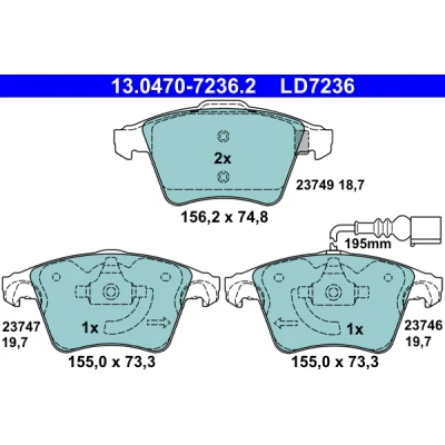 Immagine di ATE 13.0470 7236.2 Kit pastiglie freno Con contatto segnalazione usura VOLKSWAGEN: Multivan 5 (7HM, Transporter Bus, 6 Bus