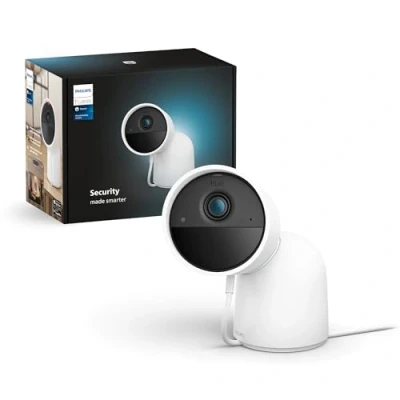 Immagine di Philips Hue Secure, Telecamera di Sicurezza da Tavolo, con Cavo, HD 1080p, Visione Notturna, Audio Bidirezionale, Microfono, Notifiche Push, per Interni, Bianco