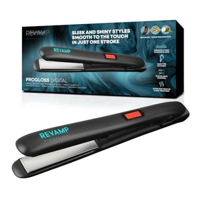 Immagine di REVAMP Progloss Digital, Piastra per Capelli Professionale in Ceramica con Tecnologia Ionica Ottenere Lisci o Ricci, Infusa Oli Liscianti Progloss, Temperatura 80C 235C, Nero