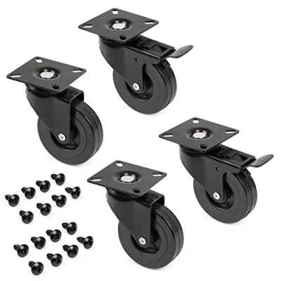 Immagine di Emuca Set di 4 rotelle pivotanti per mobile Ø75mm con piastra assemblaggio e cuscinetti a sfere, ruote girevoli in gomma colore nero.