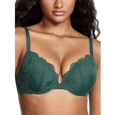 Immagine di DOBREVA Reggiseno Donna Push Up in Pizzo con Ferretto Imbottito Plunge a Coppe Modellate Mezzanotte Smeraldo 5C
