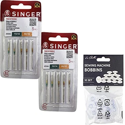 Immagine di Confezione da 10 aghi per macchina cucire Singer 2045 misure assortite 70/10 e 80/12 tessuti elastici lavorati a maglia (elasticizzato) 130/705 H S (tacco piatto su un lato) universali