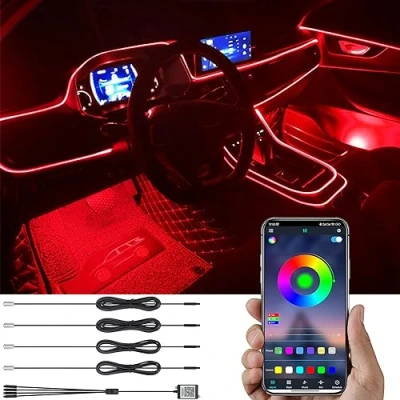 Immagine di TABEN Kit Luce Atmosfera per Auto Sincronizzazione Musicale Multicolore RGB 16 Milioni di Colori 5 Metri Fibra Ottica USB Illuminazione Ambientale, Suono Attivo e Wireless Bluetooth Controllo App 12V