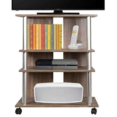 Immagine di Bakaji Mobile TV in Legno MDF con 3 Ripiani Porta Console Videogiochi DVD e 4 Ruote Mobiletto Carrello Televisore Design Moderno Dimensione 60 x 45 80,5 cm braccio supporto braccetto (Brown)