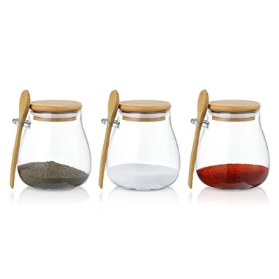 Immagine di Joeyan 350ml Barattoli di Vetro con Bambù Coperchio e Cucchiai Set 3 Piccolo Portaspezie Cucina per Spezie, Sale, Zucchero