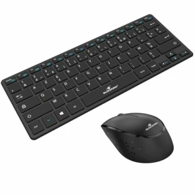 Immagine di Bluestork Pacchetto Mini tastiera e mouse Wireless compatto con Smart Dongle 2.4Ghz Design Ultra Slim Ergonomico Compatibile Windows AZERTY Nero