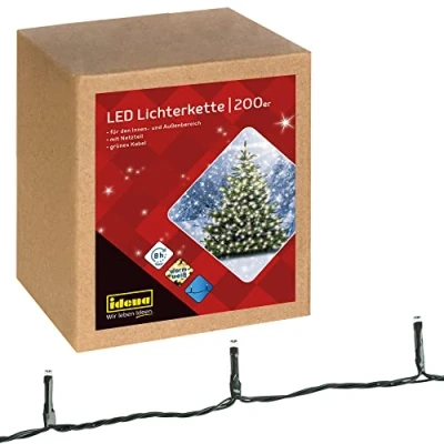 Immagine di Idena 31869 Fata LED con 200 in bianco caldo, funzione timer di 8 ore e trasformatore, lunghezza circa 29,9 m, per uso interno ed esterno, feste, Natale, decorazioni, matrimonio