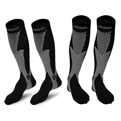 Immagine di COCOHOK calze a compressione sportive uomo e donna, adatte per sport, calcio, volo, corsa, uomini donne aumentare le prestazioni, 2 paia di colore nero., 38 42