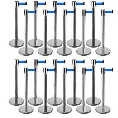 Immagine di 20 x set di cinghie flessibili (finitura argento) con cintura retrattile da 2 m Ecoline blu cintura, barriera posta, controllo folla barriere