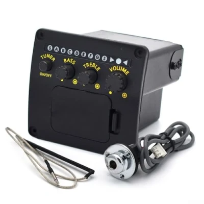 Immagine di FACULX Preamplificatore per chitarra acustica EQ Tuner pickup System con piezo, equalizzatore a 2 bande