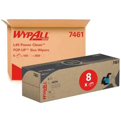 Immagine di WypAll POP UP Box di panni L40 Power Clean 7461 in carta per la pulizia 8 confezioni da 100 bianchi (totale 800)