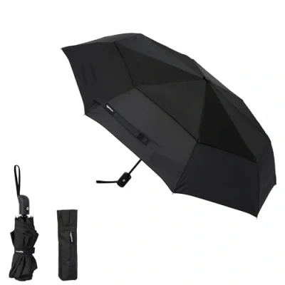 Immagine di Amazon Basics Ombrello compatto da viaggio, automatico, antivento, robusto, con presa d’aria, Ottagonale, Nero, misura unica