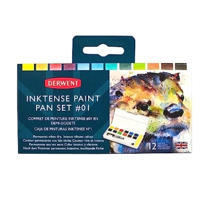 Immagine di Derwent Inktense Palette #1, Set d 12 Tempere Solubili in Acqua, Adatte a Pittura e Bricolage su Carta Tessuto, Include 1 Spugna, Mini Waterbrush Tavolozza (2302636)