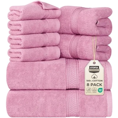 Immagine di Utopia Towels, Set Di Asciugamani Da 8 pezzi, 2 Bagno, a Mano e 4 Panni Lavare, Altamente Assorbente Per Palestra, Hotel Spa (Rosa)