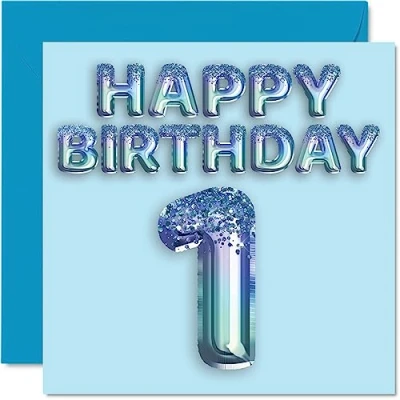 Immagine di Stuff4 Biglietto di auguri per il primo compleanno ragazzi, con palloncini blu glitterati, 1 anno, ragazzo, nipote, figlio, fratello, 145 mm x mm,